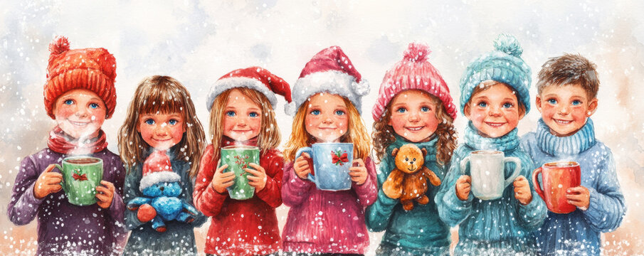 Children holding mugs and plush toys, wearing festive hats, smiling joyfully in snowy setting, capturing warmth of holiday spirit