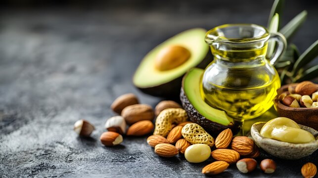 Healthy fats avocado nuts and olive oil