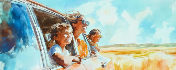 Children leaning out of car windows, enjoying sunny day with mother, smiles and laughter fill air, capturing joyful family moment on scenic drive
