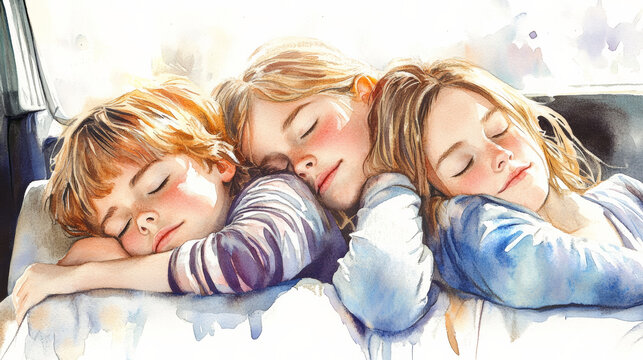 Sleeping children resting peacefully together in cozy setting, showcasing innocence and tranquility. Their serene expressions evoke sense of warmth and comfort