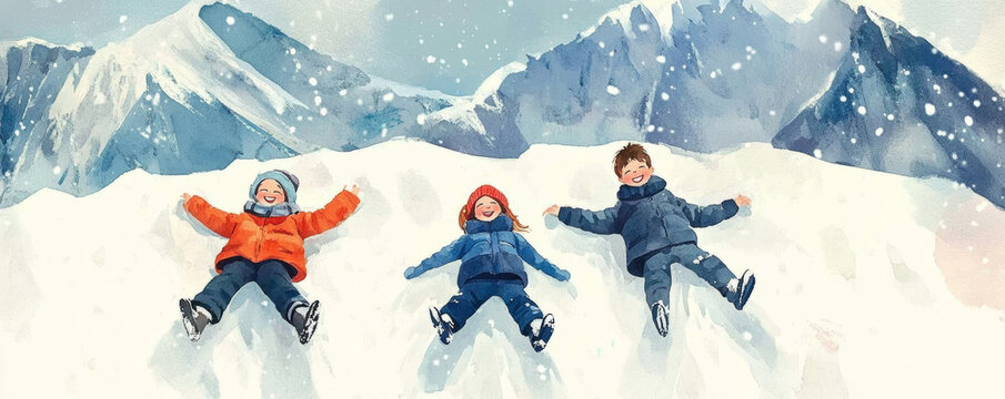 Children lying in snow making snow angels, enjoying winter fun in snowy landscape with mountains in background. Their laughter fills air with joy