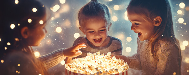 Children joyfully sharing bowl of popcorn, surrounded by festive lights, creating magical atmosphere of laughter and excitement