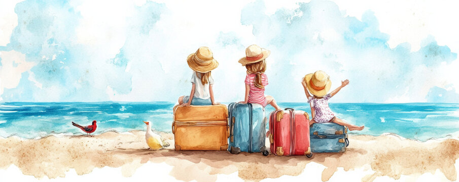 Children sitting on top of colorful suitcases at beach, enjoying sunny day and ocean view. Their hats add playful touch to this joyful scene