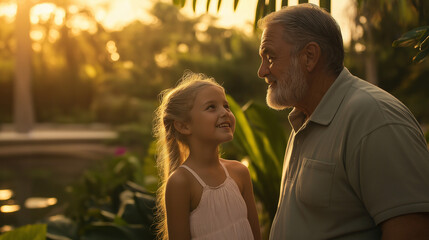 Father and daughter in sunset garden. Perfect for family bonds and precious moments