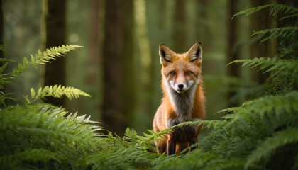 Red fox peeking through tall ferns in a dense forest with sunlight filtering through the canopy