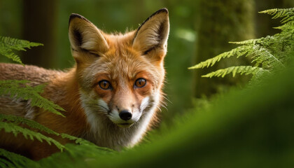 Fototapeta premium Red fox peeking through tall ferns in a dense forest with sunlight filtering through the canopy