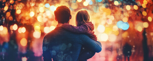 Father carrying daughter under twinkling lights, warm atmosphere, joyful moment, family bond, love, togetherness, festive background, soft focus, colorful bokeh, emotional connection