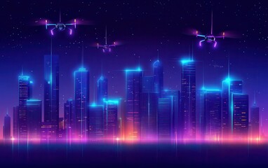 Fototapeta premium A high-tech city skyline at night with futuristic architecture, glowing lights outlining the buildings, and flying drones zipping through the sky, captured in a deep blue and purple color palette