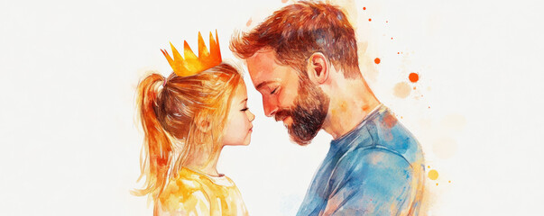 daughter places small paper crown on her dad head, showcasing tender moment filled with love and joy. This heartwarming scene captures bond between parent and child
