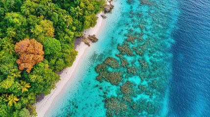 Fototapeta premium breathtaking aerial view of tropical island with lush greenery, white sandy beach, and vibrant coral reefs in crystal clear turquoise waters, evoking serenity and natural beauty