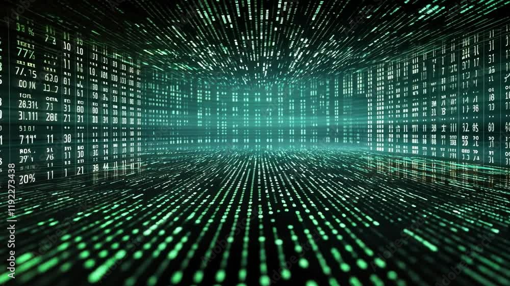 Poster digital matrix: an abstract digital art piece depicting a futuristic, glowing green matrix of data s