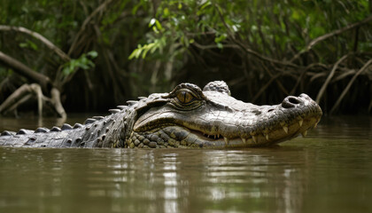 Obraz premium Crocodile partially submerged in river with eyes and snout visible surrounded by mangroves