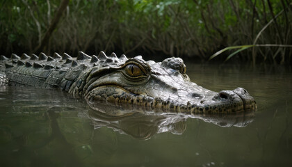 Obraz premium Crocodile partially submerged in river with eyes and snout visible surrounded by mangroves