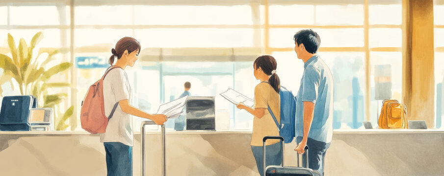Family at check in counter, parents handing over documents, waiting for flight information. atmosphere is filled with anticipation and excitement