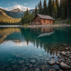 Obraz premium A scenic mountain lake with a cozy log cabin on its shore.