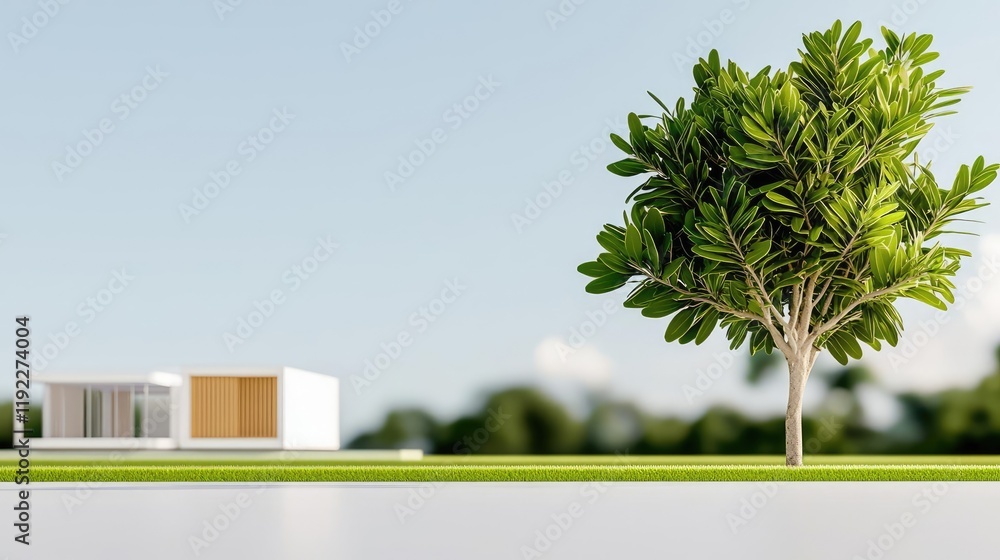 Poster architect project concept. modern architecture with a large tree, showcasing harmony between nature 