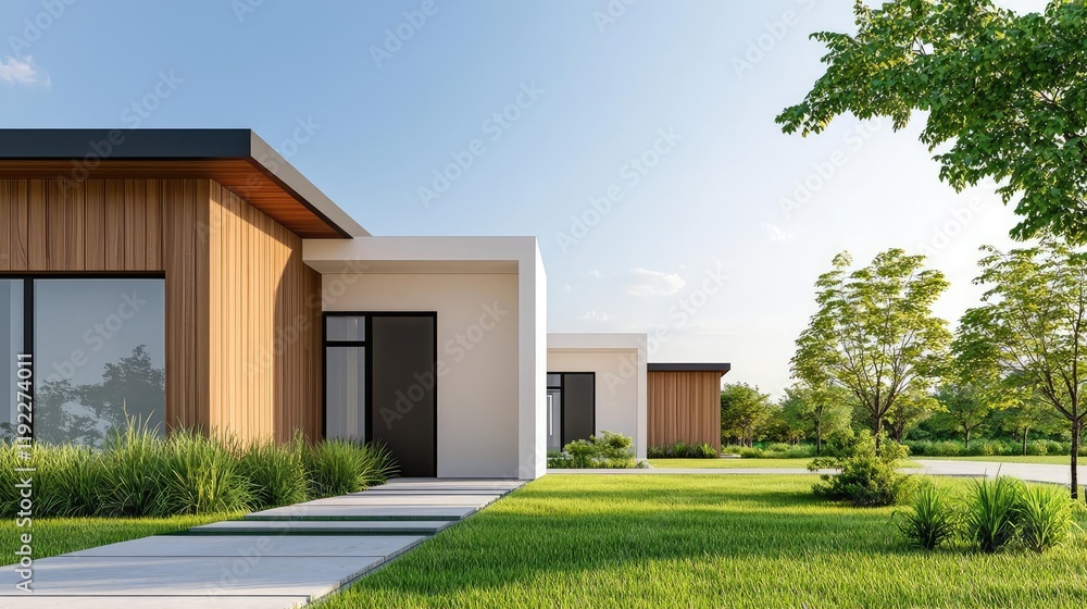 Poster architect project concept. modern house design with clean lines and lush greenery in the surrounding