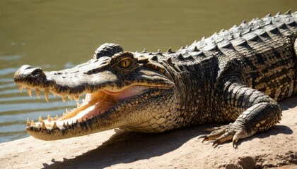 Obraz premium Close-up of crocodile basking on riverbank with glistening textured skin under sunlight