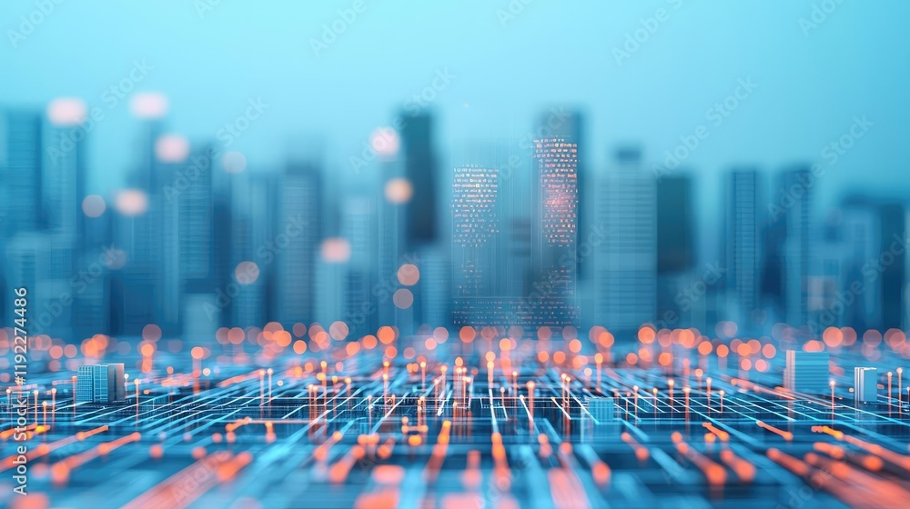 Poster architect project concept. futuristic cityscape with abstract digital data network overlay and glowi
