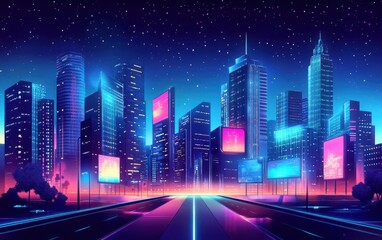 Fototapeta premium A sleek, modern city skyline at night, with glowing holographic billboards, sleek towers with glass facades, and a softly lit street level, surrounded by a dark sky filled with distant stars 