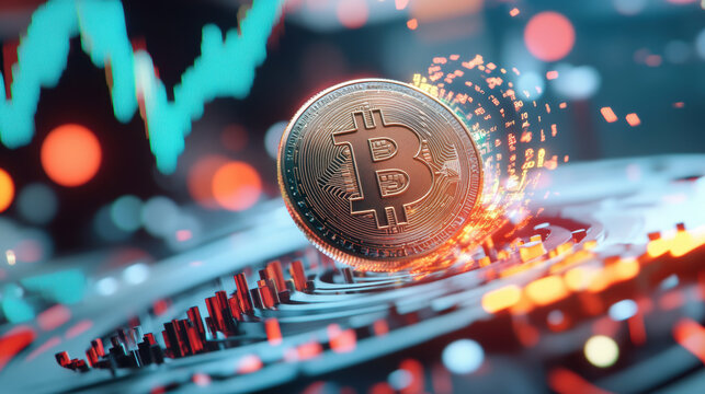 spinning Bitcoin coin surrounded by glowing holographic lights and chaotic financial graphs symbolizes volatility and energy of cryptocurrency markets