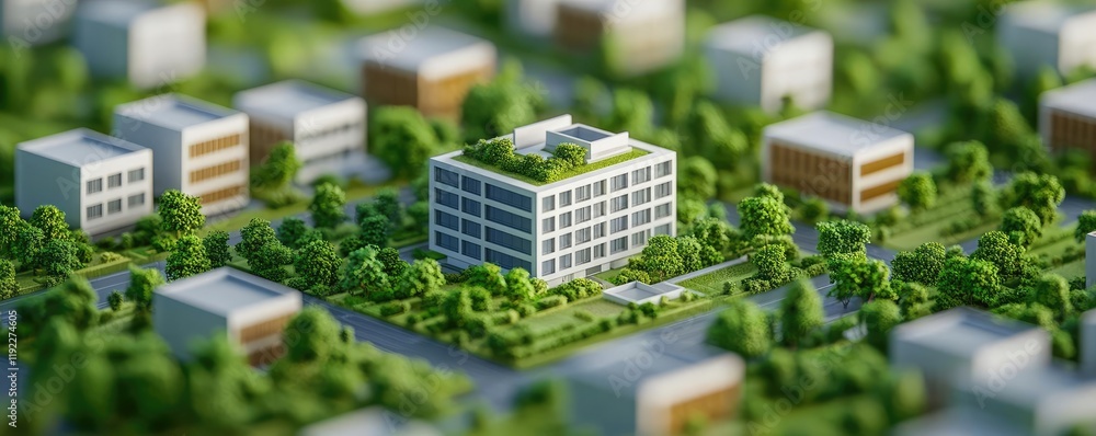 Poster architect blueprint idea. aerial view of a modern building amidst green spaces and urban blocks.