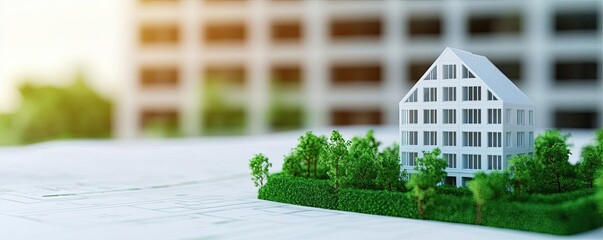 Architect blueprint idea. A model house surrounded by greenery on a blurred background of urban architecture.