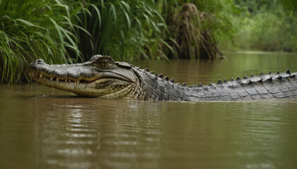 Fototapeta premium Crocodile swimming stealthily in muddy river with ripples and lush greenery