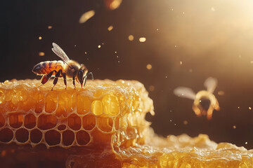 Bees gathering nectar from honeycomb, highlighting nature's process of honey production.