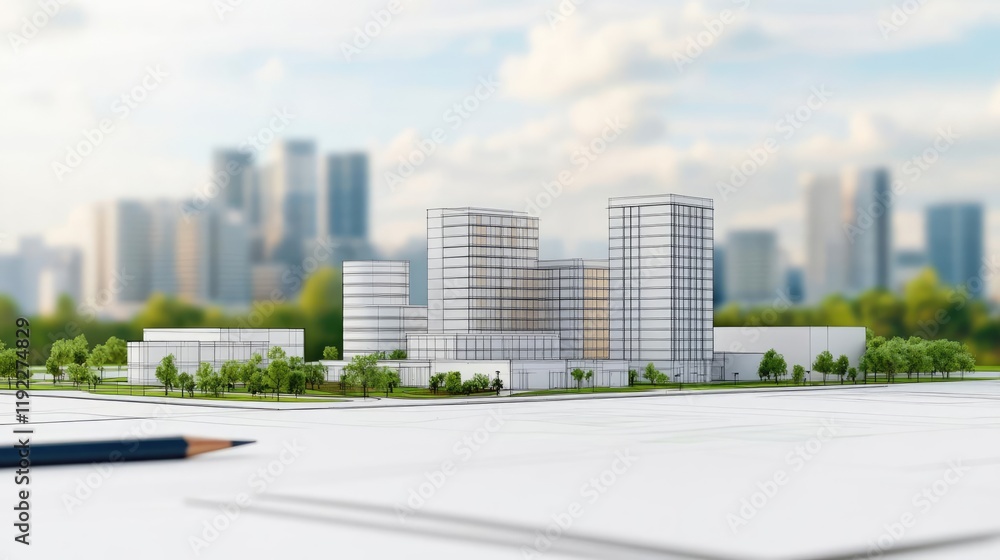 Poster architect sketching idea. modern architectural model showcasing urban development with greenery and 