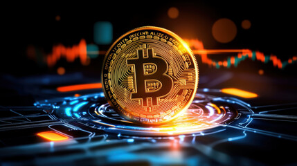 glowing Bitcoin symbol integrated into futuristic holographic interface, surrounded by vibrant digital elements and financial graphs, representing cryptocurrency and blockchain technology