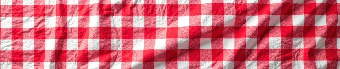 Fototapeta premium Red and white checkered tablecloth overhead view, ample copy space , template, fabric, gingham