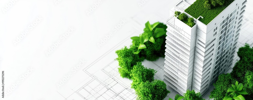 Poster architect project concept. modern building surrounded by lush greenery and sustainable design elemen