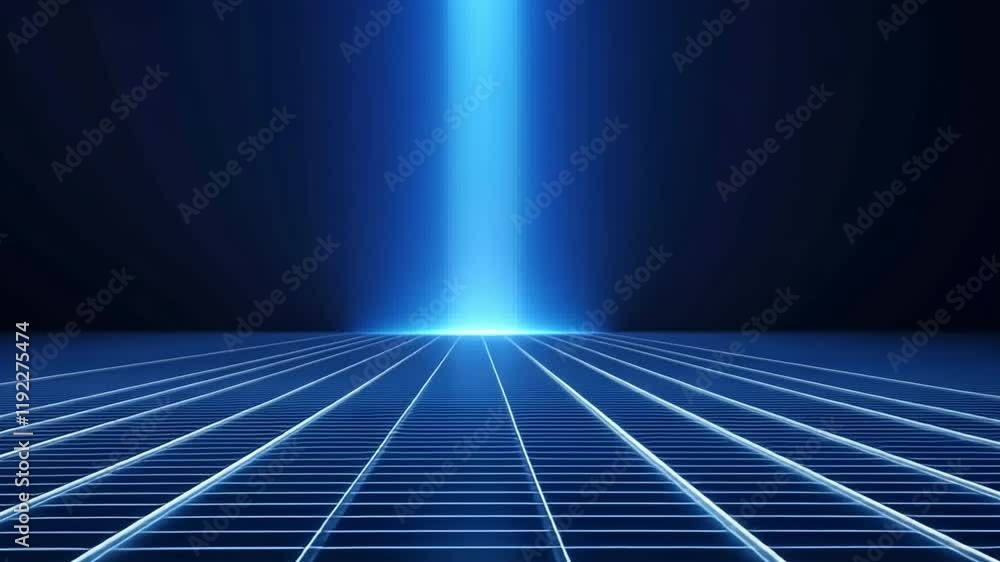 Poster digital horizon: a solitary beam of brilliant blue light pierces through a darkened space, casting a