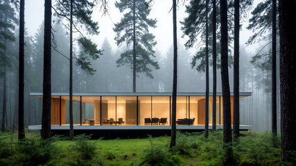 Modern glass house surrounded by tall trees in a foggy forest during early morning hours