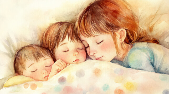 mother gently tucks blanket around her napping children, creating warm and loving atmosphere. peaceful scene captures essence of family and comfort