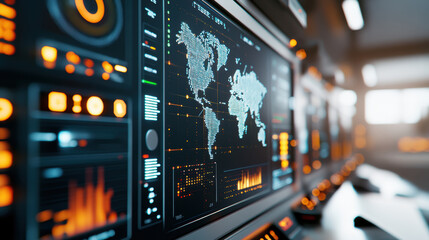 futuristic global IoT monitoring station with digital world maps, data visualizations, and glowing orange interfaces, showcasing advanced technology and connectivity