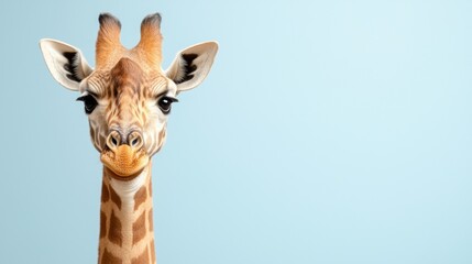 Obraz premium Close-up of a curious giraffe against a soft blue background