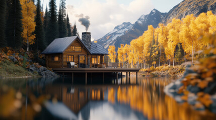 Fototapeta premium serene lakeside cabin surrounded by golden autumn trees, reflecting on calm water, with backdrop of snow capped mountains and cozy chimney emitting smoke