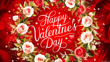 Happy valentines  Day greeting card with hearts on red background.