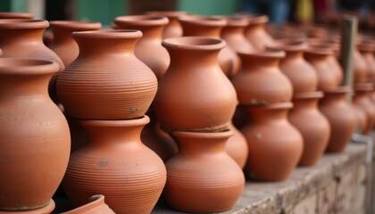 Rows of earthen pots stacked neatly for sale at a Sankranti marketplace.