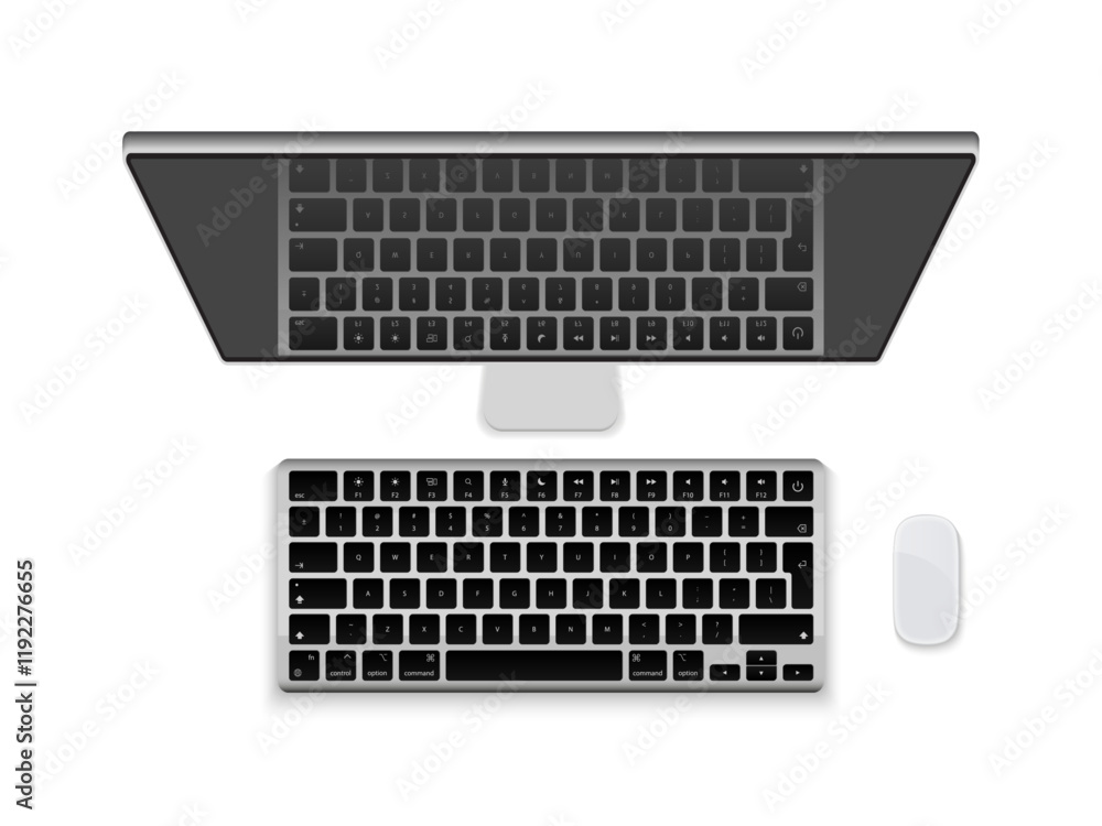 Poster top view mockup of computer, keyboard, mouse, and monitor displaying blank white screen. vector.