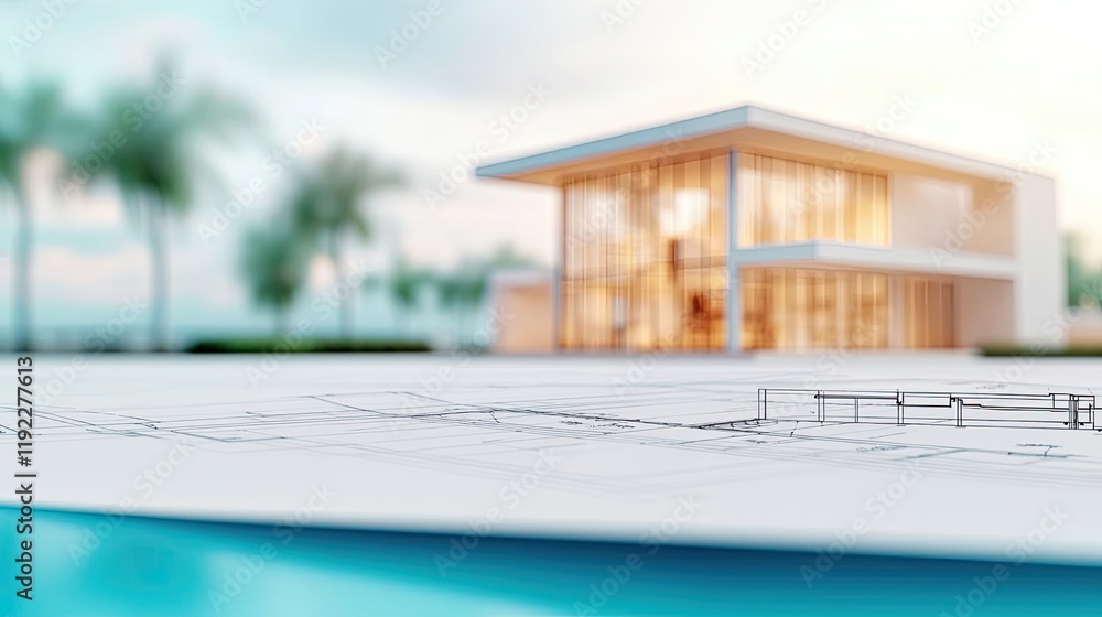 Poster architect blueprint idea. modern house design with a pool and palm trees in a serene environment.
