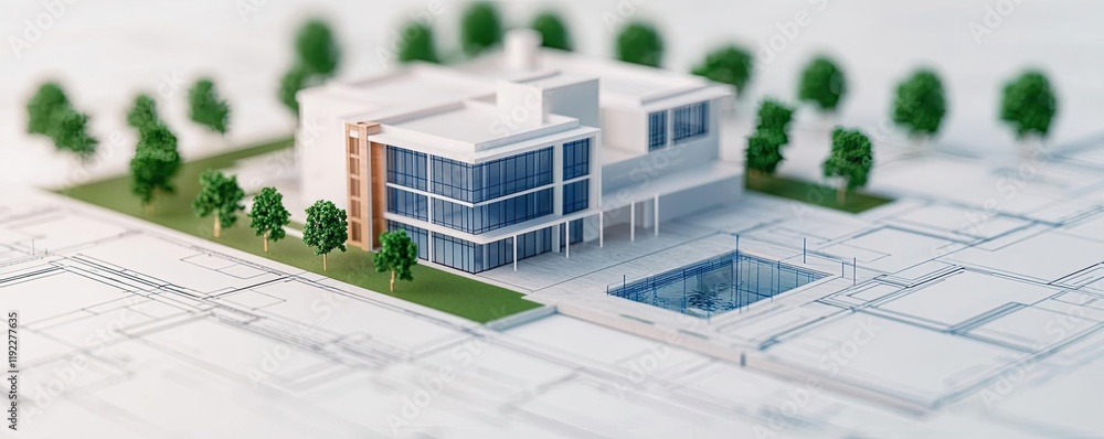 Poster architect project concept. modern architectural model of a house with pool and greenery surrounding 