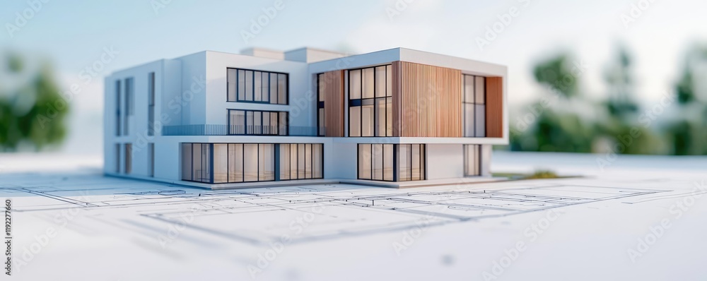 Poster architect project concept. modern architectural design showcasing clean lines and natural materials 