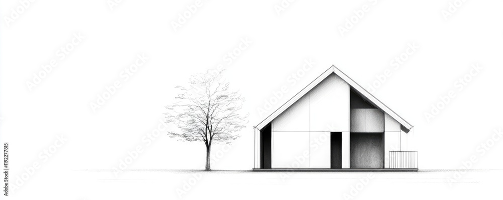Poster architect sketching idea. a minimalist house design next to a leafless tree in a serene setting.