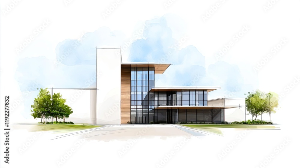 Poster architect project concept. modern architectural design featuring large windows and wooden elements f
