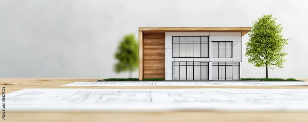 Poster architect project concept. modern architectural design model with trees and blueprints on a wooden t