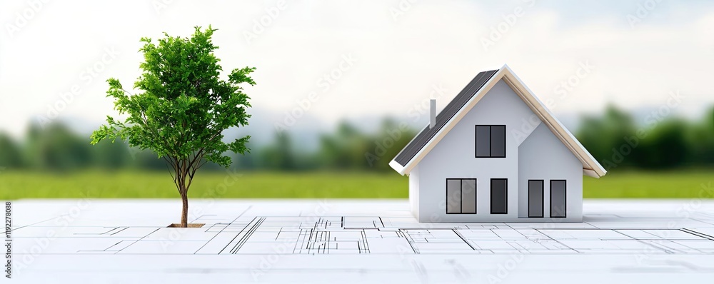 Poster architect blueprint idea. a modern house design next to a small tree with architectural plans in the