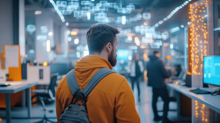 Fototapeta premium man in orange hoodie with backpack explores modern tech startup office, illuminated by futuristic lighting and digital displays, creating vibrant and innovative atmosphere